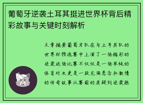 葡萄牙逆袭土耳其挺进世界杯背后精彩故事与关键时刻解析